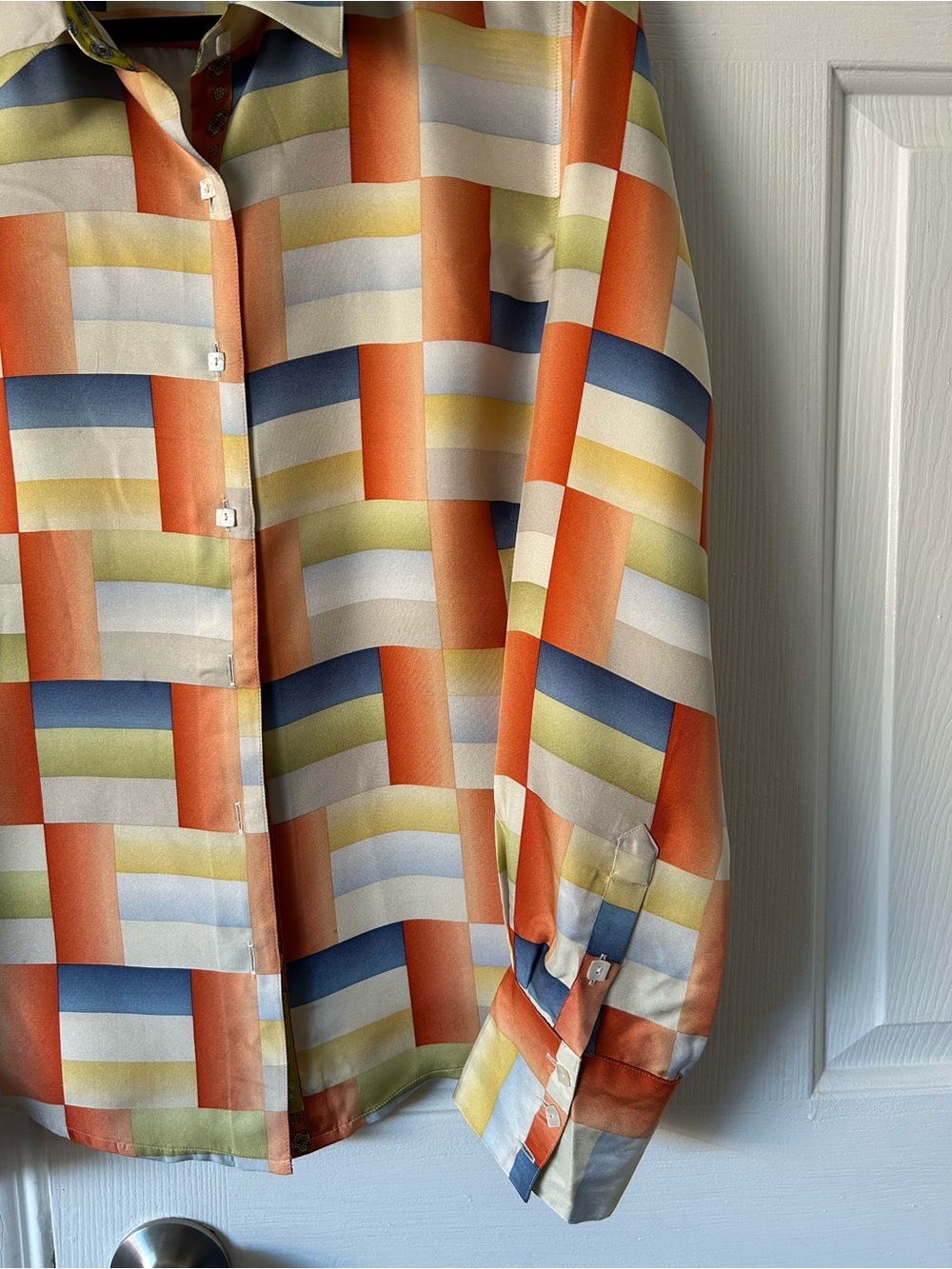 Woman’s Multicolor Geometric Button-Up Shirt - Orange Pattern - Picture 3 of 3